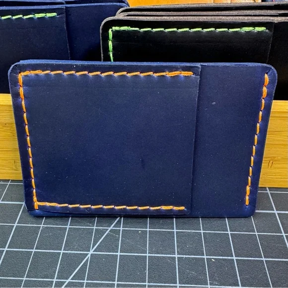 Ultra slim wallet minimalist travel -Horween (American leather) blue & orange - Picture 1 of 9